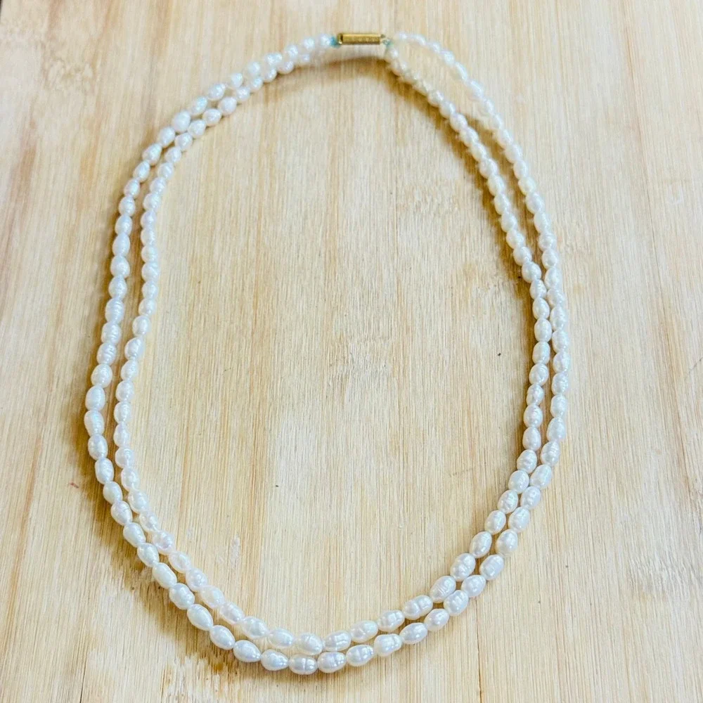 VTG Freshwater White Seed Pearl Beaded Necklace Multi Double Layered Authentic